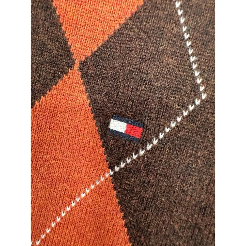 Vintage TOMMY HILFIGER MEN'S‎ PULLOVER Sweater Brown Orange Long Sleeve V-NECK